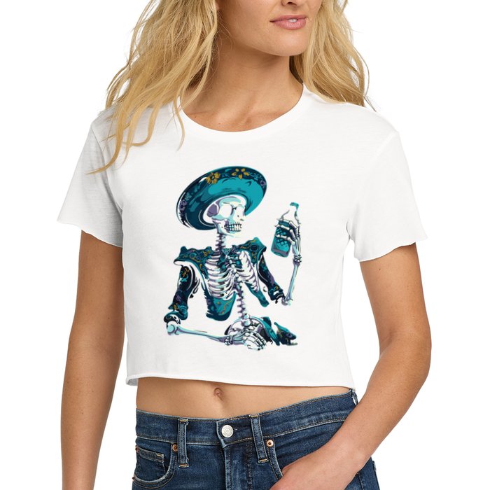Skeleton Charro Mexican Skull Tequila Long Sleeve Women's Crop Top Tee