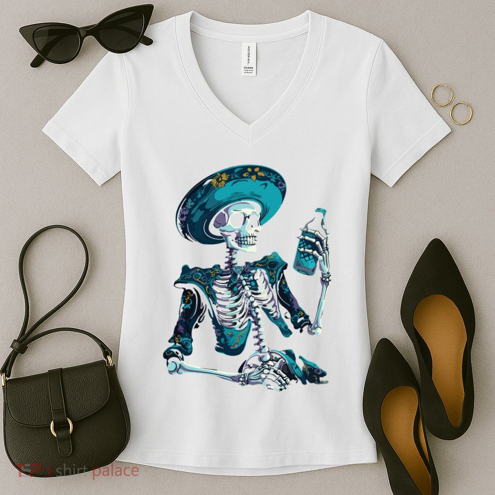 Skeleton Charro Mexican Skull Tequila Long Sleeve Women's V-Neck T-Shirt