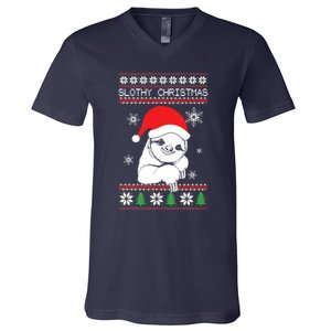 Slothy Christmas Merry Santa Hat V-Neck T-Shirt