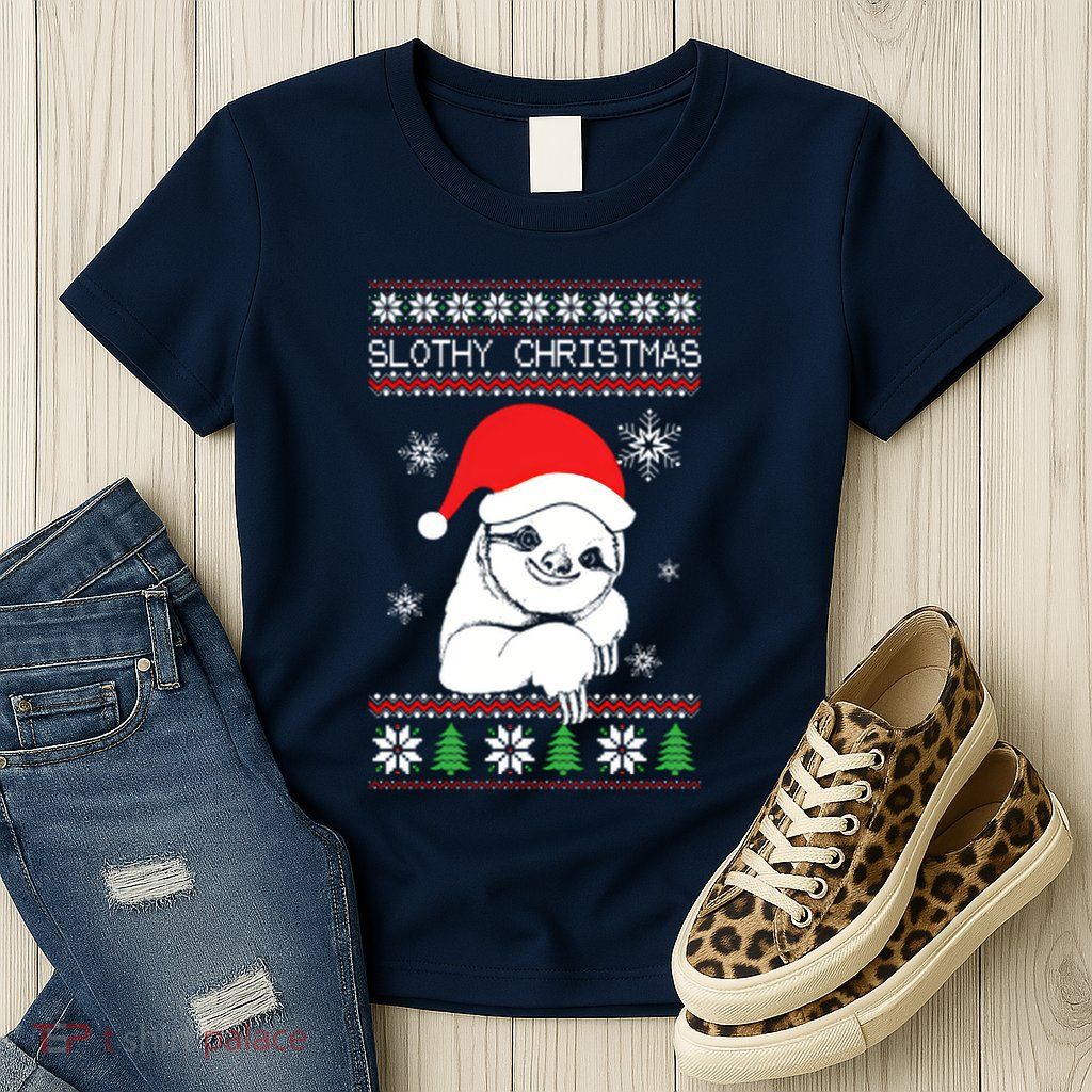 Slothy Christmas Merry Santa Hat Womens T-Shirt