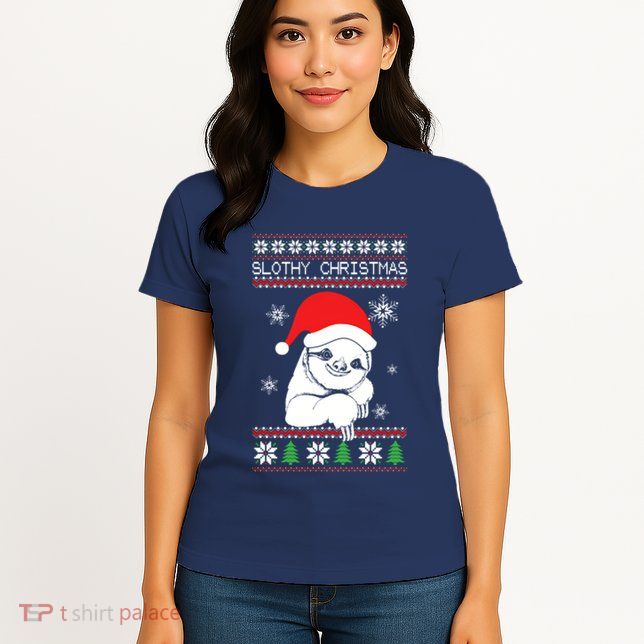 Slothy Christmas Merry Santa Hat Womens T-Shirt