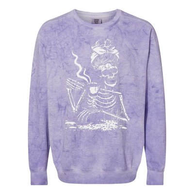 Skeleton Coffee Messy Bun Front Design Funny Colorblast Crewneck Sweatshirt