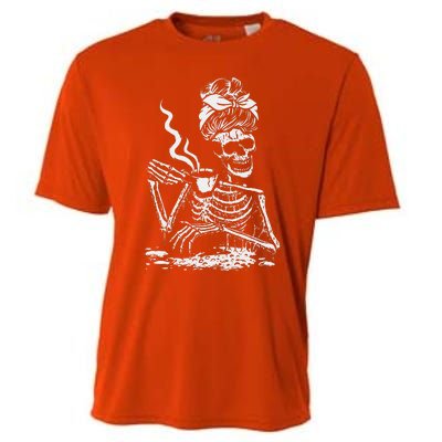 Skeleton Coffee Messy Bun Front Design Funny Cooling Performance Crew T-Shirt