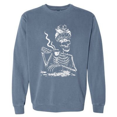 Skeleton Coffee Messy Bun Front Design Funny Garment-Dyed Sweatshirt