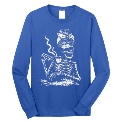 Skeleton Coffee Messy Bun Front Design Funny Long Sleeve Shirt