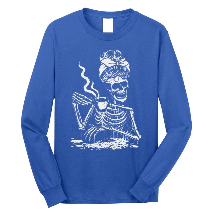 Skeleton Coffee Messy Bun Front Design Funny Long Sleeve Shirt