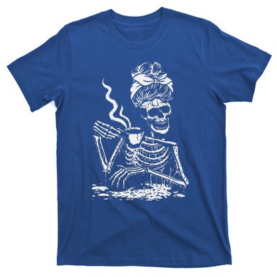 Skeleton Coffee Messy Bun Front Design Funny T-Shirt