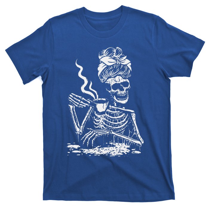 Skeleton Coffee Messy Bun Front Design Funny T-Shirt