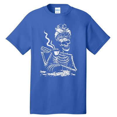 Skeleton Coffee Messy Bun Front Design Funny Tall T-Shirt