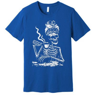 Skeleton Coffee Messy Bun Front Design Funny Premium T-Shirt