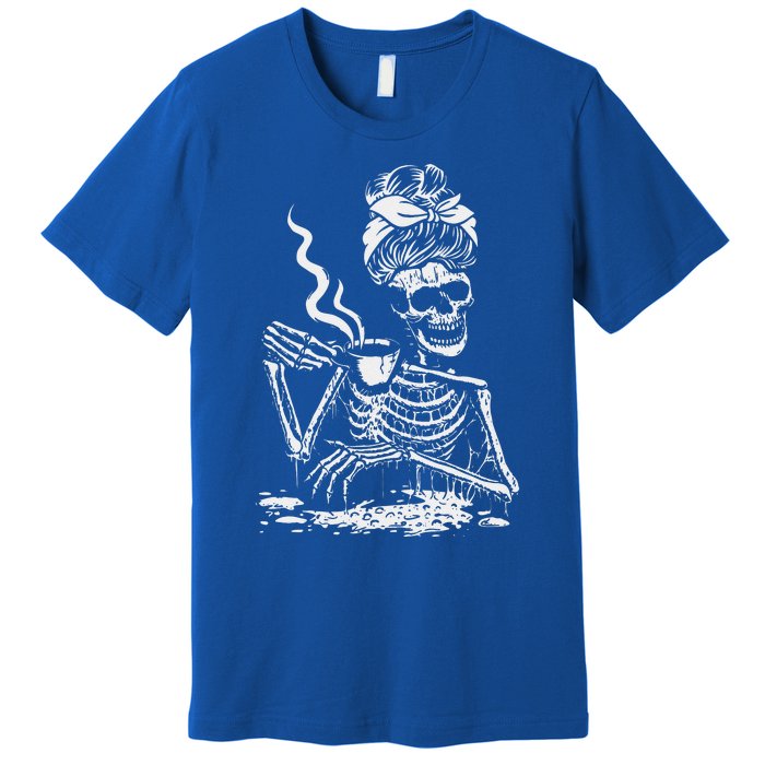 Skeleton Coffee Messy Bun Front Design Funny Premium T-Shirt