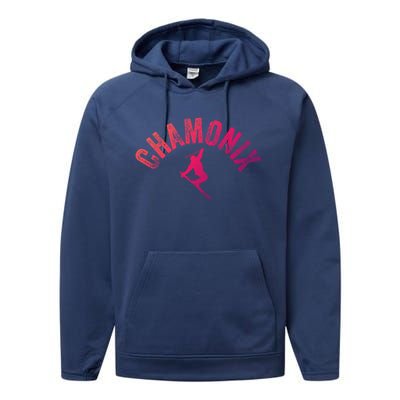 Ski Chamonix Mont Blanc Skier France Vintage Skiing Europe Cool Gift Performance Fleece Hoodie