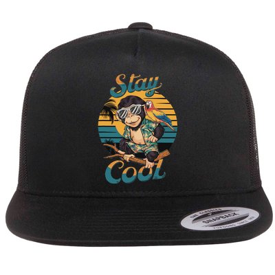 Stay Cool Monkey With Parrot Friend Jungle Time Fun Flat Bill Trucker Hat