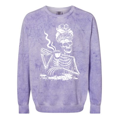 Skeleton Coffee Messy Bun Cool Gift Front Design Gift Colorblast Crewneck Sweatshirt