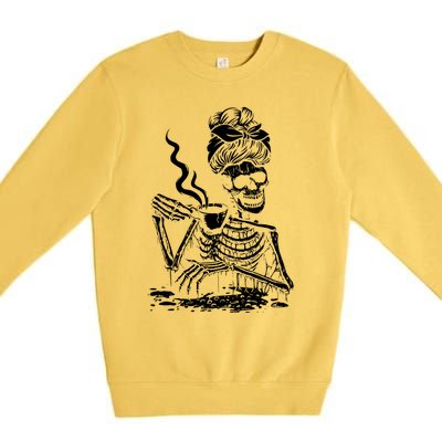 Skeleton Coffee Messy Bun Cool Gift Front Design Gift Premium Crewneck Sweatshirt