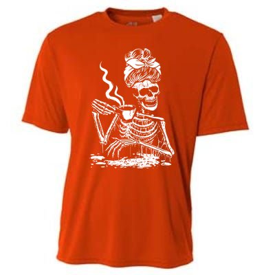 Skeleton Coffee Messy Bun Cool Gift Front Design Gift Cooling Performance Crew T-Shirt