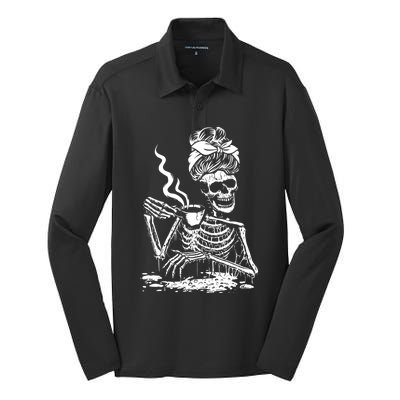 Skeleton Coffee Messy Bun Cool Gift Front Design Gift Silk Touch Performance Long Sleeve Polo