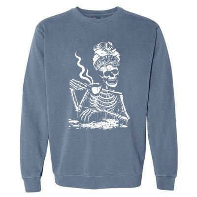 Skeleton Coffee Messy Bun Cool Gift Front Design Gift Garment-Dyed Sweatshirt