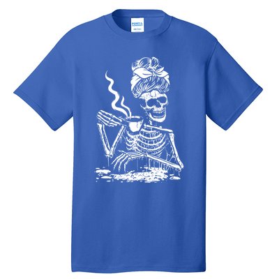 Skeleton Coffee Messy Bun Cool Gift Front Design Gift Tall T-Shirt