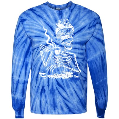 Skeleton Coffee Messy Bun Cool Gift Front Design Gift Tie-Dye Long Sleeve Shirt