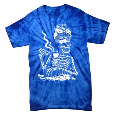 Skeleton Coffee Messy Bun Cool Gift Front Design Gift Tie-Dye T-Shirt