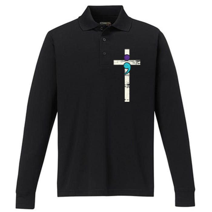 Semicolon Cross Mental Health Awareness Costume Warrior Performance Long Sleeve Polo