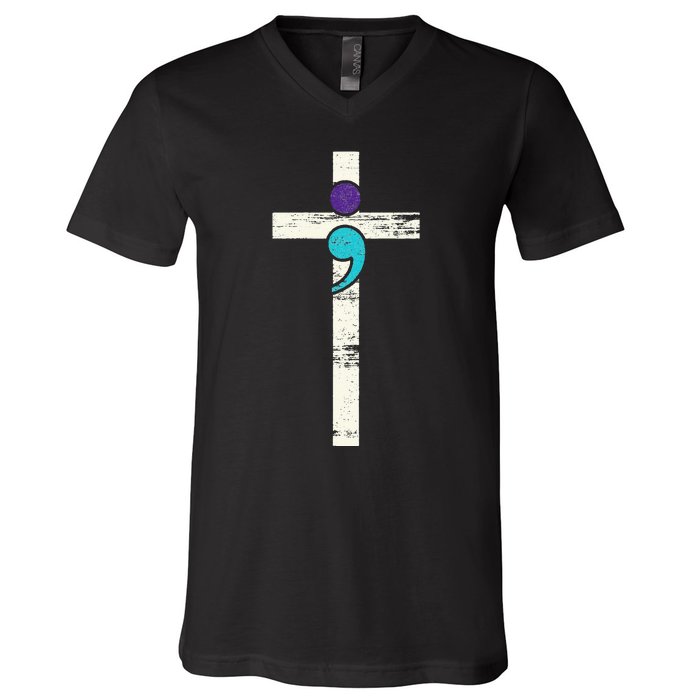 Semicolon Cross Mental Health Awareness Costume Warrior V-Neck T-Shirt