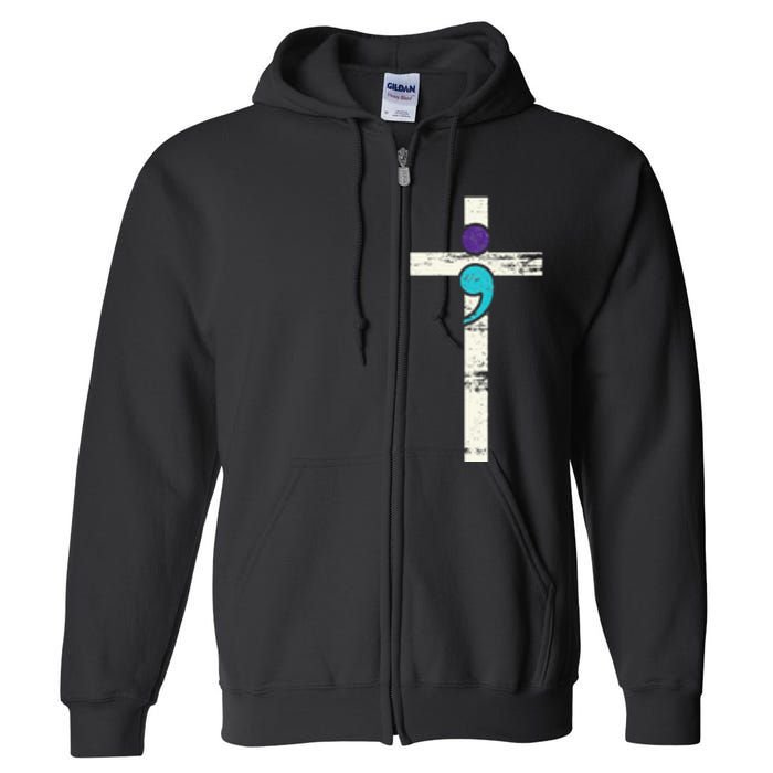 Semicolon Cross Mental Health Awareness Costume Warrior Full Zip Hoodie