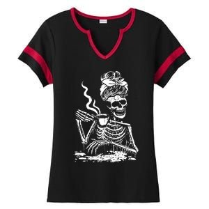 Skeleton Coffee Messy Bun Gift Front Design Funny Gift Ladies Halftime Notch Neck Tee