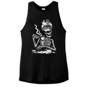 Skeleton Coffee Messy Bun Gift Front Design Funny Gift Ladies PosiCharge Tri-Blend Wicking Tank