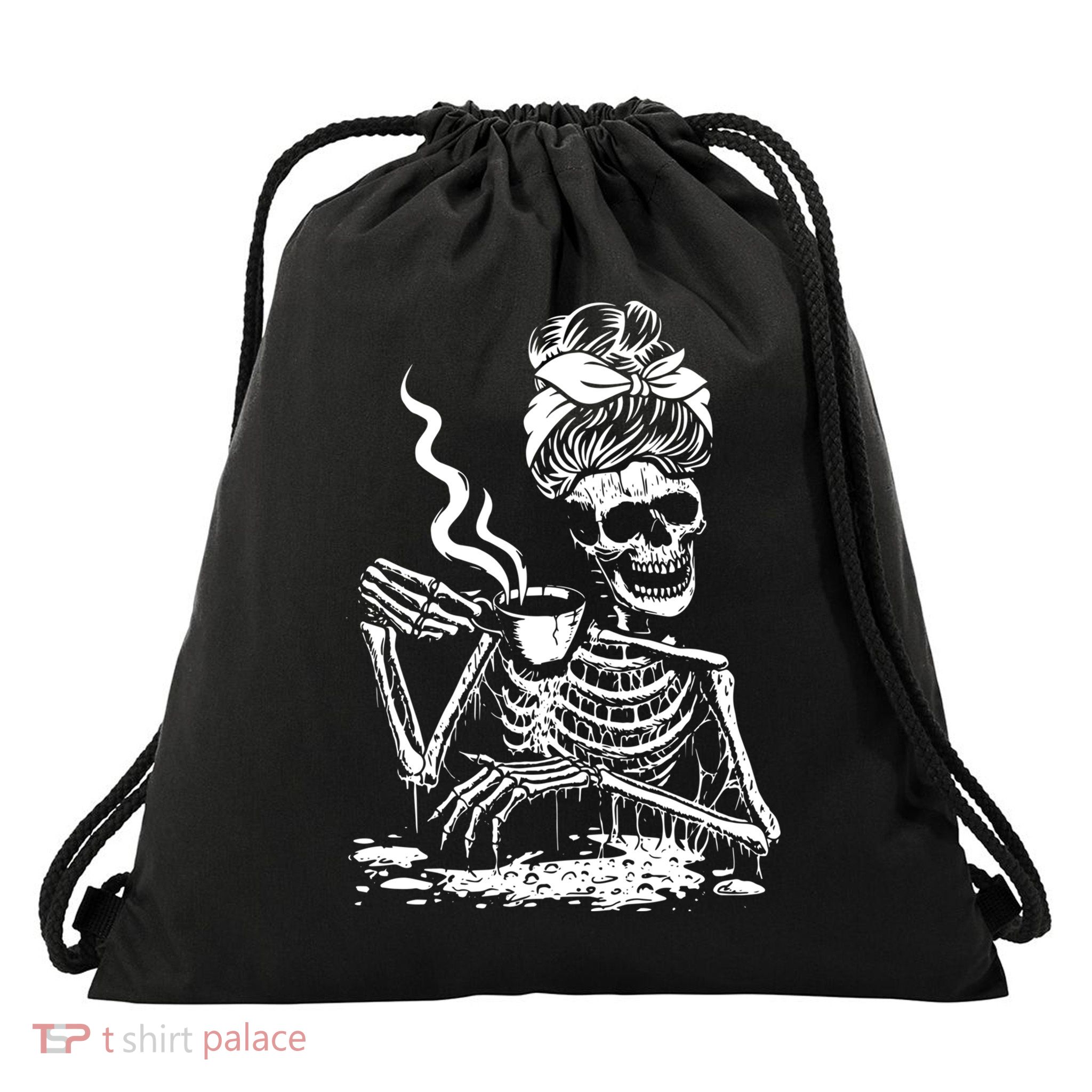 Skeleton Coffee Messy Bun Gift Front Design Funny Gift Drawstring Bag