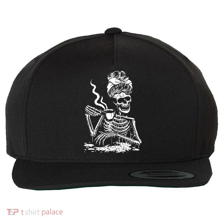 Skeleton Coffee Messy Bun Gift Front Design Funny Gift Wool Snapback Cap