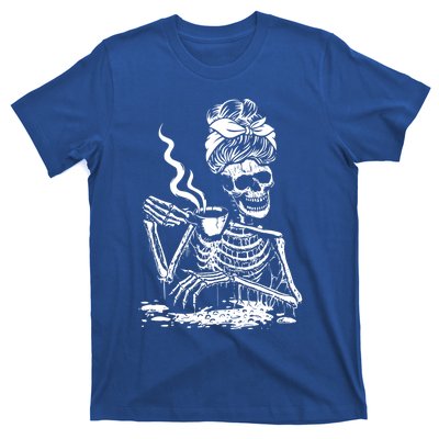 Skeleton Coffee Messy Bun Gift Front Design Funny Gift T-Shirt