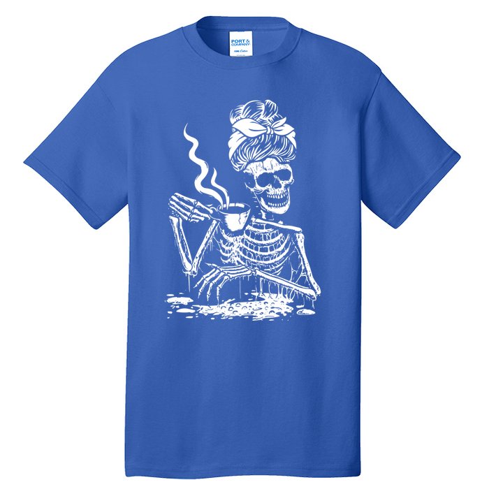 Skeleton Coffee Messy Bun Gift Front Design Funny Gift Tall T-Shirt