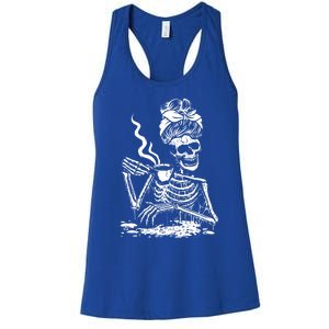 Skeleton Coffee Messy Bun Gift Front Design Funny Gift Women's Racerback Tank