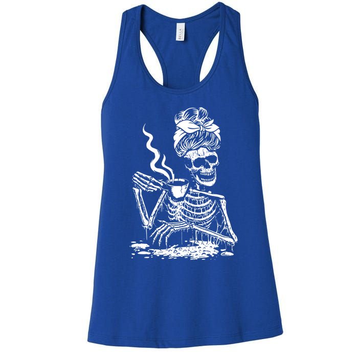 Skeleton Coffee Messy Bun Gift Front Design Funny Gift Women's Racerback Tank