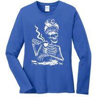 Skeleton Coffee Messy Bun Gift Front Design Funny Gift Ladies Long Sleeve Shirt