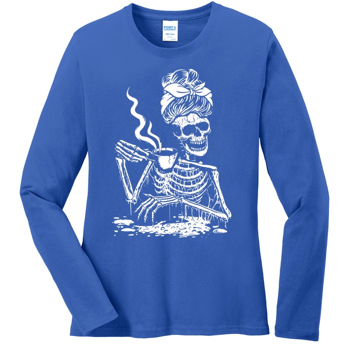 Skeleton Coffee Messy Bun Gift Front Design Funny Gift Ladies Long Sleeve Shirt