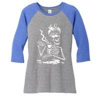 Skeleton Coffee Messy Bun Gift Front Design Funny Gift Women's Tri-Blend 3/4-Sleeve Raglan Shirt