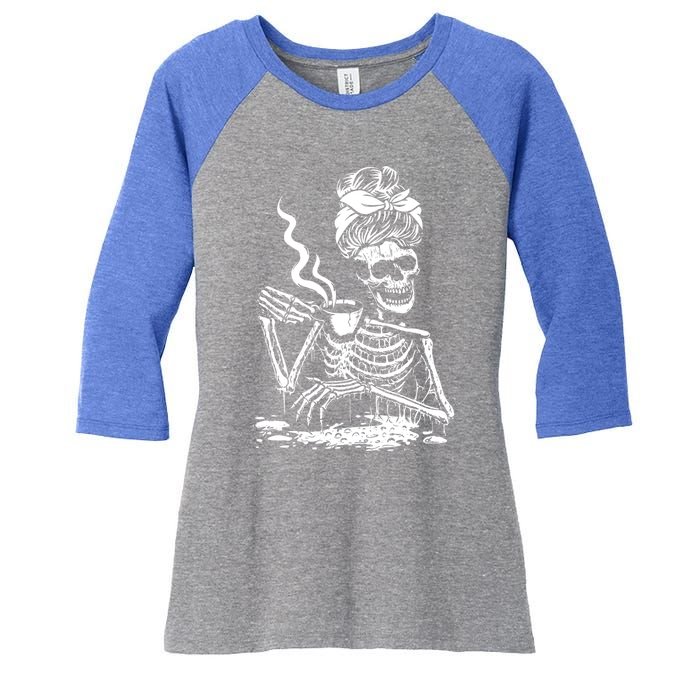 Skeleton Coffee Messy Bun Gift Front Design Funny Gift Women's Tri-Blend 3/4-Sleeve Raglan Shirt