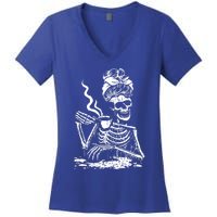 Skeleton Coffee Messy Bun Gift Front Design Funny Gift Women's V-Neck T-Shirt