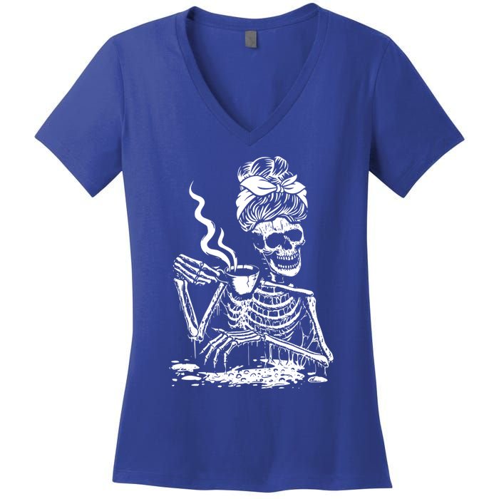 Skeleton Coffee Messy Bun Gift Front Design Funny Gift Women's V-Neck T-Shirt