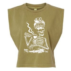 Skeleton Coffee Messy Bun Gift Front Design Funny Gift Garment-Dyed Women's Muscle Tee