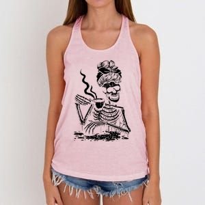 Skeleton Coffee Messy Bun Gift Front Design Funny Gift Women's Knotted Racerback Tank