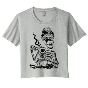 Skeleton Coffee Messy Bun Gift Front Design Funny Gift Women's Crop Top Tee