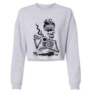 Skeleton Coffee Messy Bun Gift Front Design Funny Gift Cropped Pullover Crew