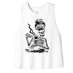 Skeleton Coffee Messy Bun Gift Front Design Funny Gift Women's Racerback Cropped Tank