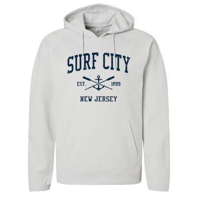 Surf City Nj Vintage Crossed Oars Boat Anchor Performance Fleece Hoodie