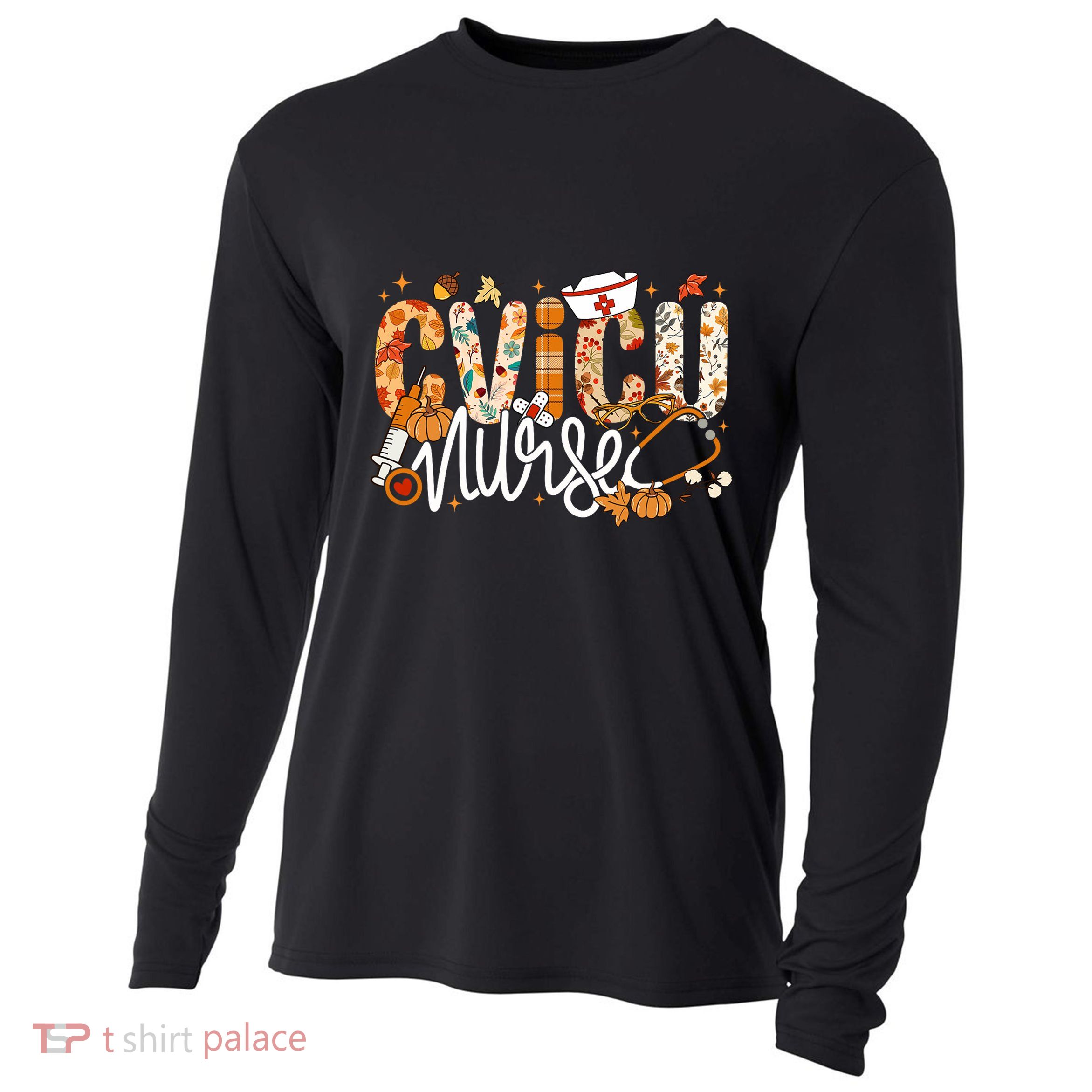 Stethoscope Cvicu Nurse Fall Yall Autumn Leaves Thanksgiving Cooling Performance Long Sleeve Crew