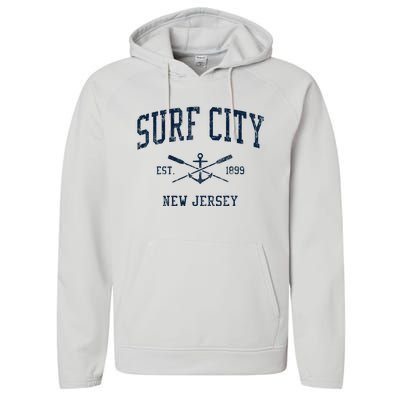 Surf City Nj Vintage Crossed Oars & Boat Anchor Performance Fleece Hoodie